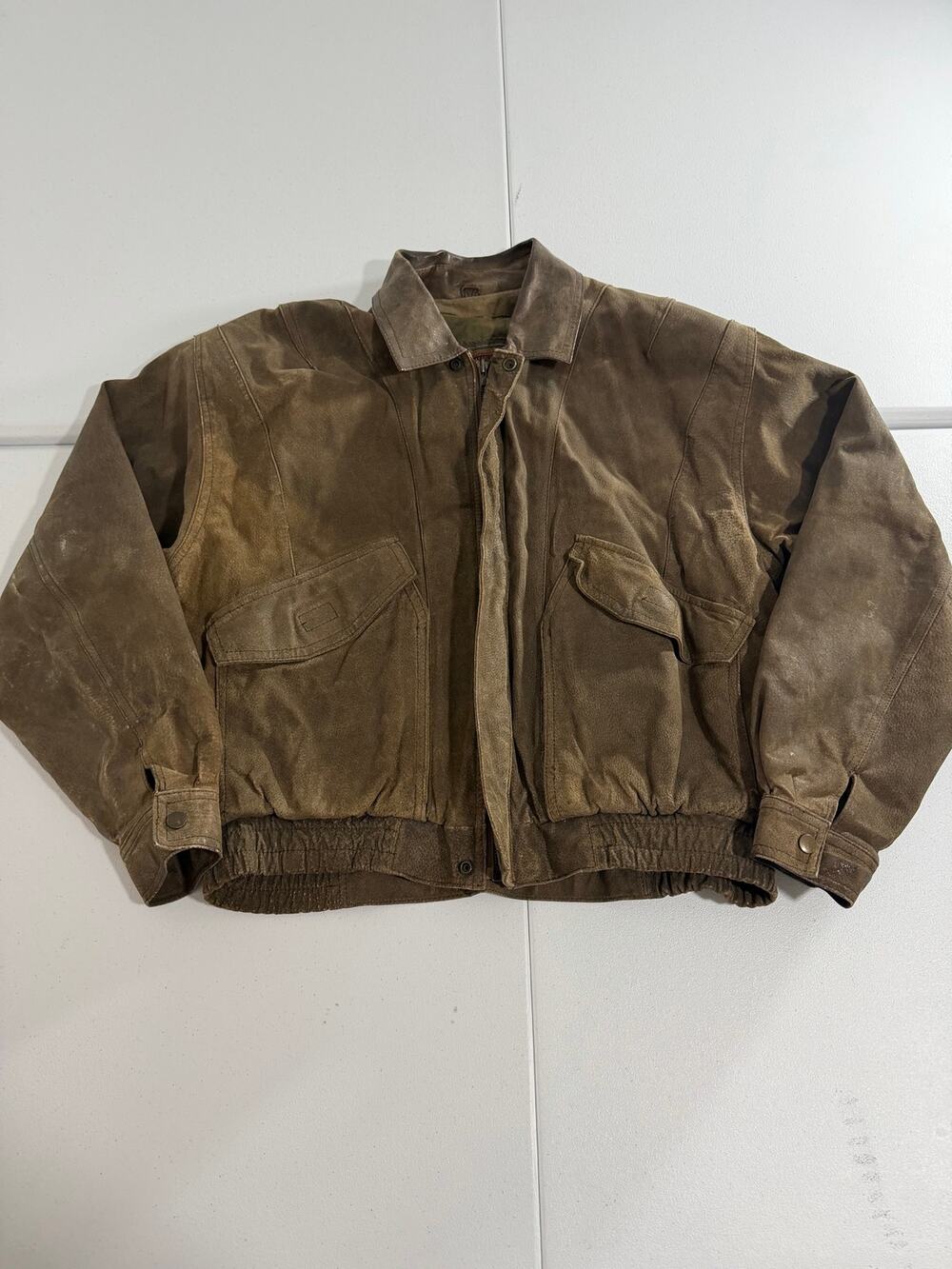 Adventure Bound Men's Leather Bomber Jacket Size Medium Tan Distressed